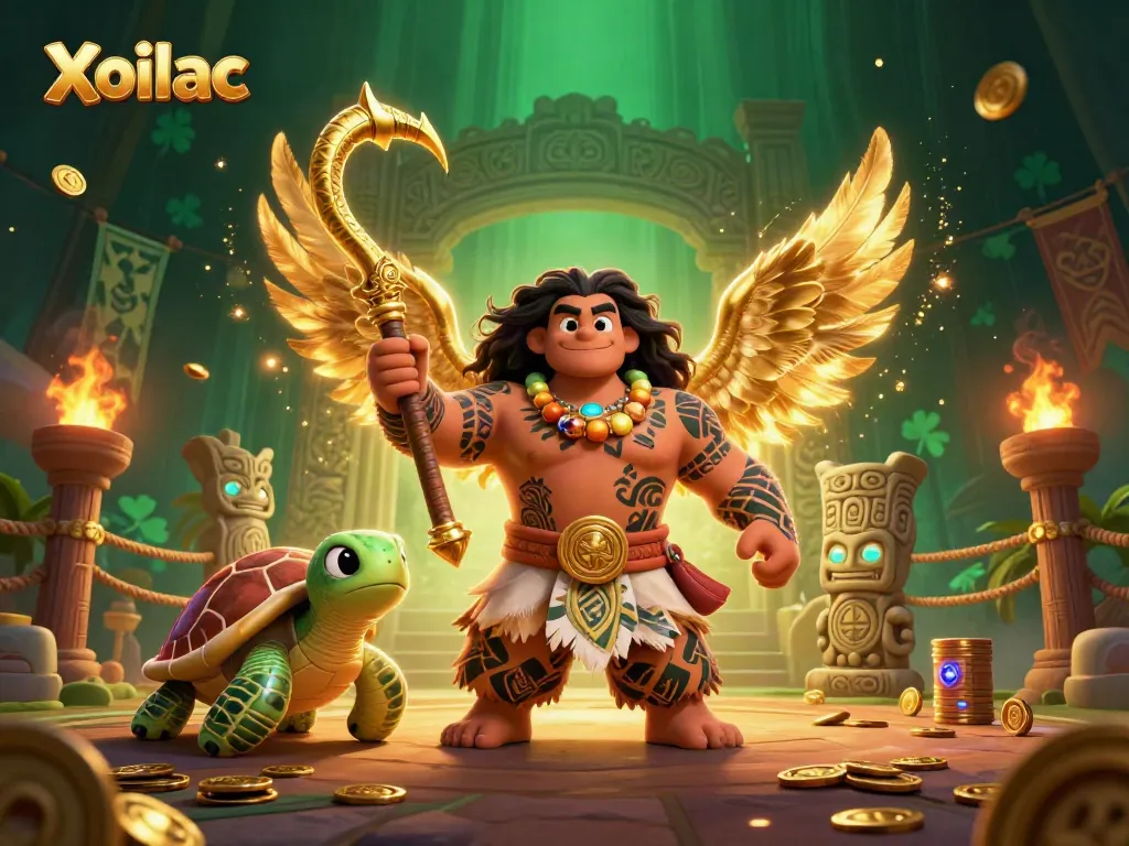 Xoilac showcases a vibrant 3D casino scene featuring a demigod hawk and a turtle, surrounded by gambling elements.