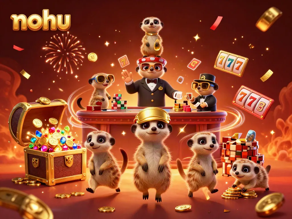 Experience the dynamic nohu casino scene with meerkats amidst floating slot reels and treasure, capturing excitement.