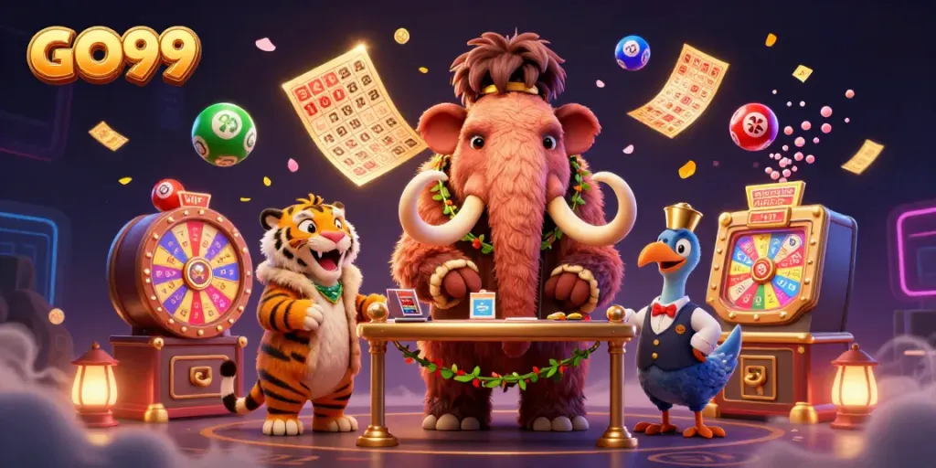 Experience the excitement of GO99 with vibrant characters and dynamic lottery elements in a casino scene.