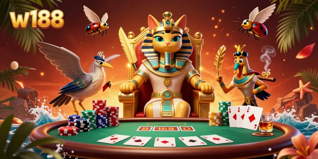 Engage in exciting w188 casino games with our cartoon pharaoh cat and ibis scribe at a vibrant poker table.