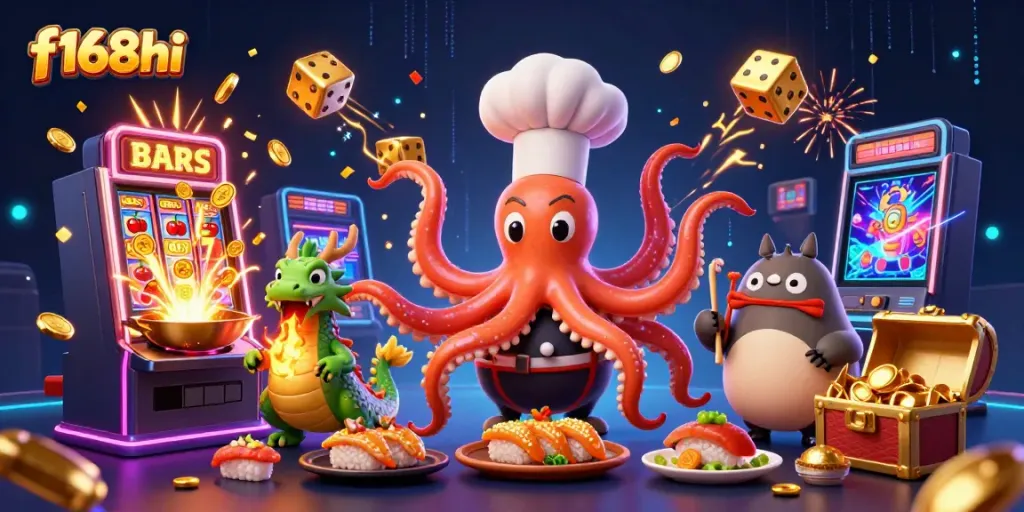 Watch f168hi's vibrant 3D casino scene with a unique octopus chef and jackpot excitement.