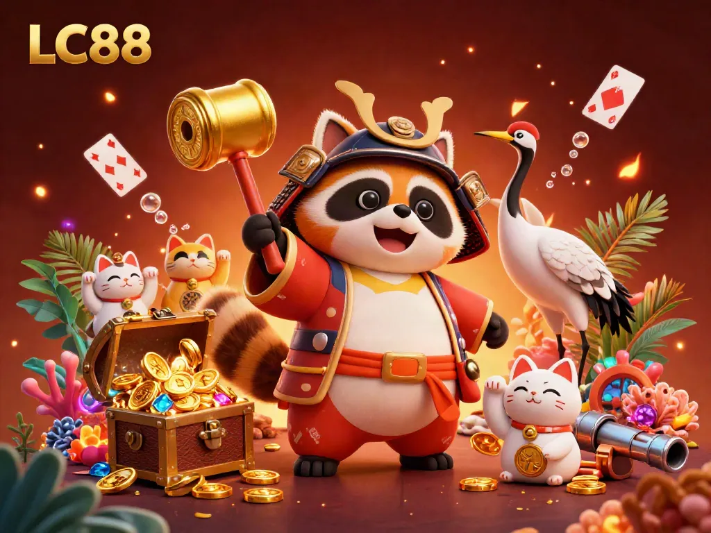 Experience winning moments at LC88 with a vibrant 3D illustration of a tanuki and fortune cats in an engaging casino scene.