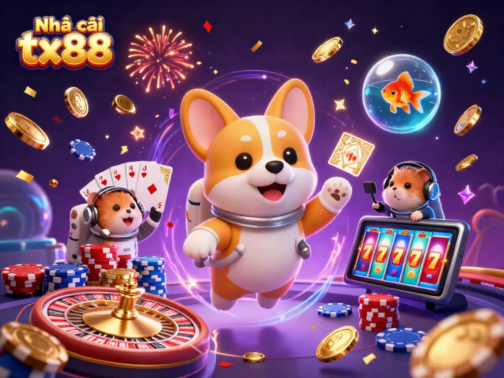 Engage in thrilling gameplay with Nhà cái tx88 in a vibrant space casino scene filled with floating coins and cards.
