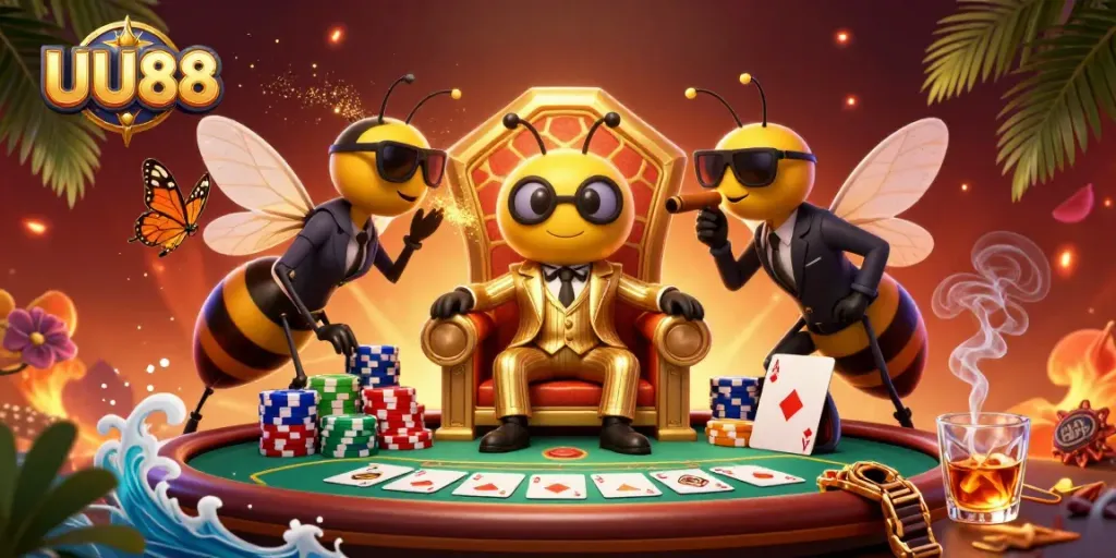 UU88 showcases thrilling online gambling with a bumblebee mob boss and vibrant poker elements.
