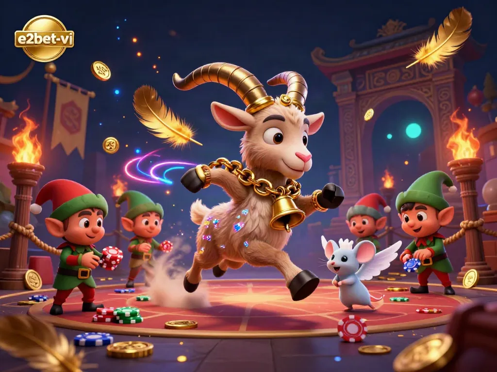 Engage with e2bet-vi in a festive casino scene with fun characters and vibrant gambling elements.