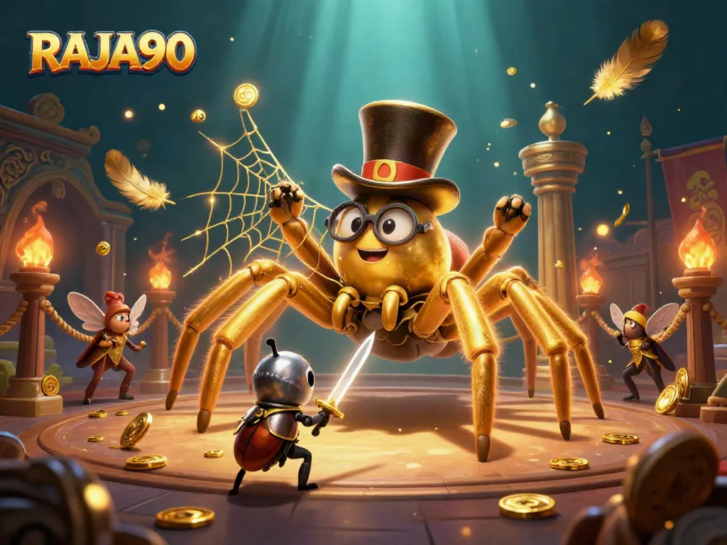 Engage with RAJA90 in an exciting casino scene featuring a golden tarantula and beetle knight.
