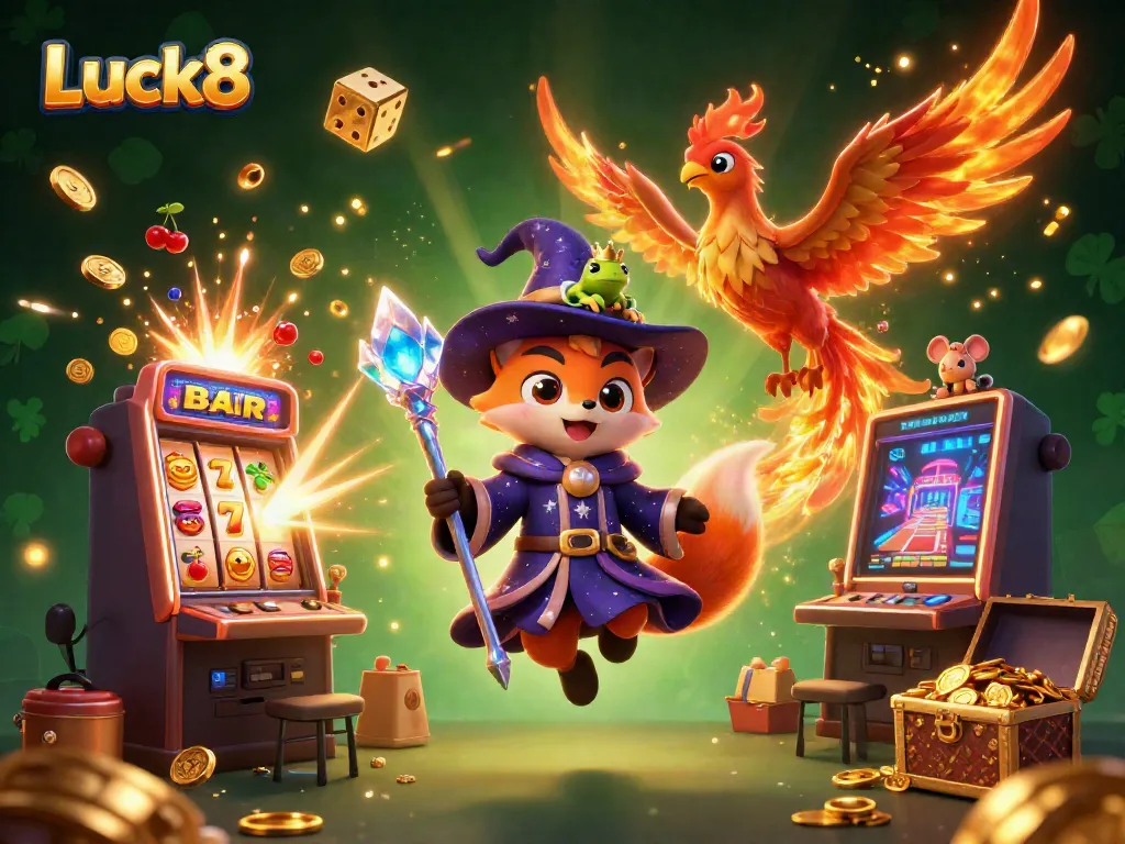 Experience the magic at Luck8 with a mesmerizing 3D rendering of a wizard fox, phoenix, and casino action.