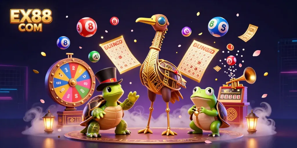 Engage with winning strategies at EX88 COM with vibrant 3D casino characters and dynamic gambling elements.