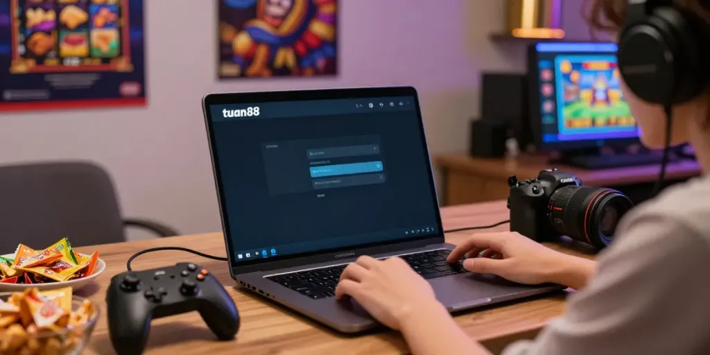 User enjoying the tuan88 online slot gaming experience in a cozy setting with gaming accessories.
