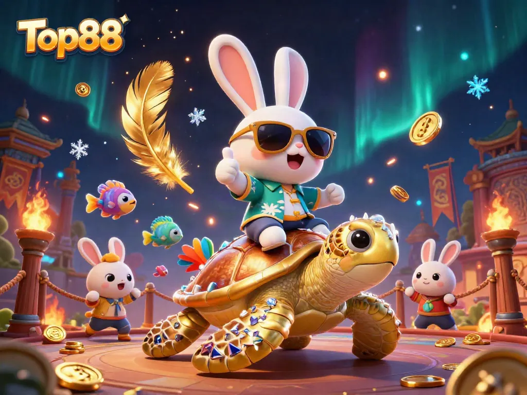 Top88 rabbit and turtle celebrating winning moments in a vibrant casino scene.