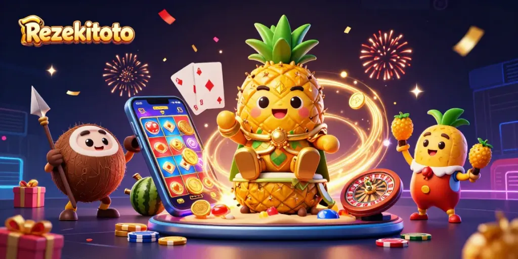 Experience thrilling gaming at rezekitoto with a vibrant 3D illustration showcasing online slots.