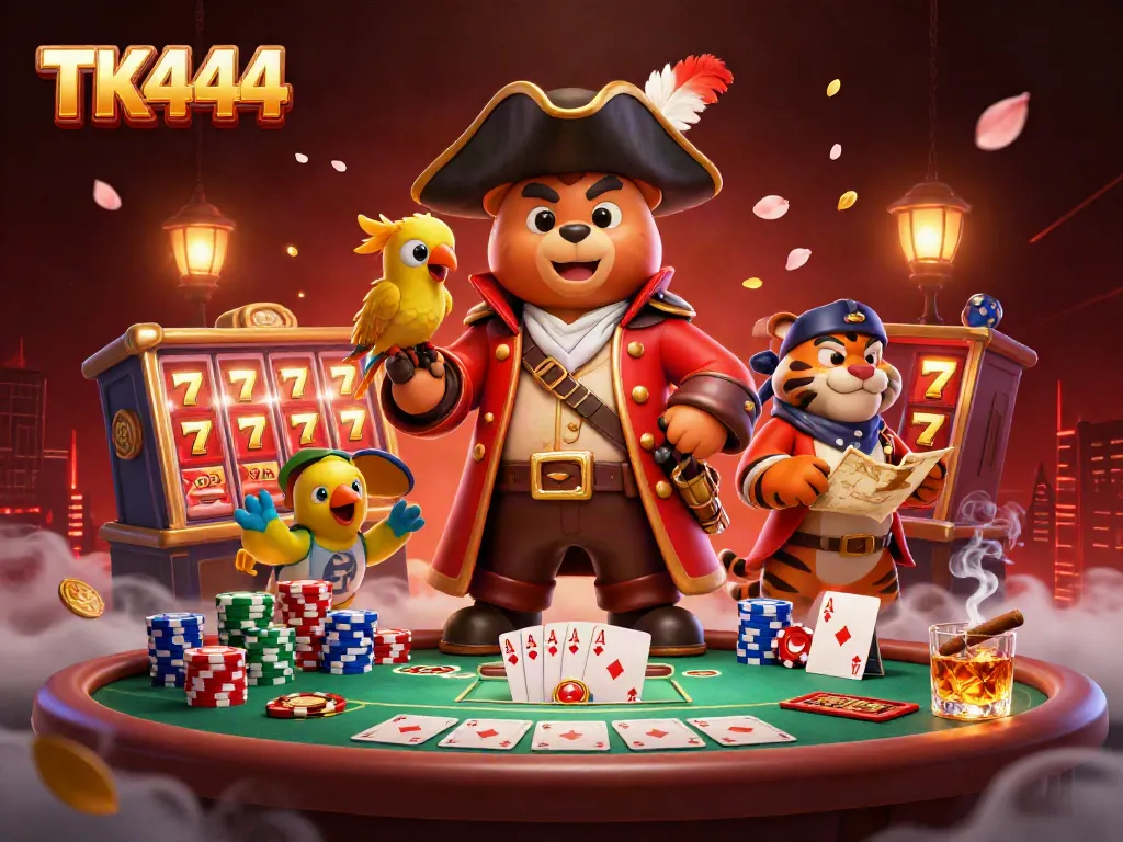 Engage with thrilling gameplay at TK444, featuring vibrant gaming elements and characters in an exciting casino scene.