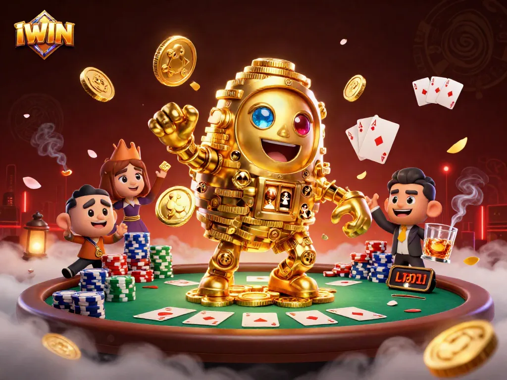 Engage with IWIN's vibrant casino scene showcasing an ancient gold golem surrounded by poker elements.