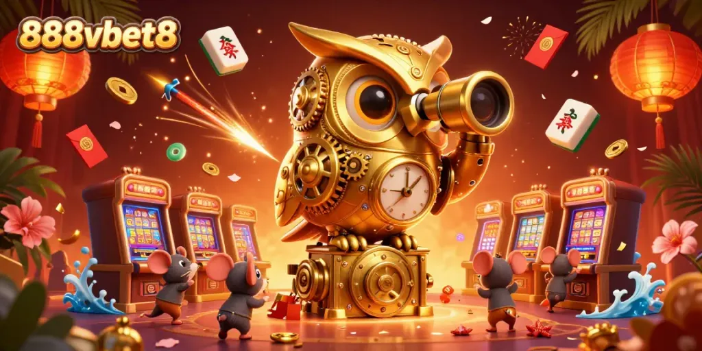 Engage in thrilling casino action with 888vbet8, featuring a cartoon owl overseeing a vibrant gaming scene.