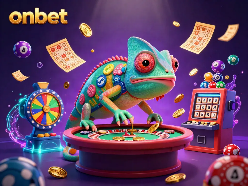 Engage with the vibrancy of onbet's animated casino world featuring colorful lottery balls and a dynamic chameleon