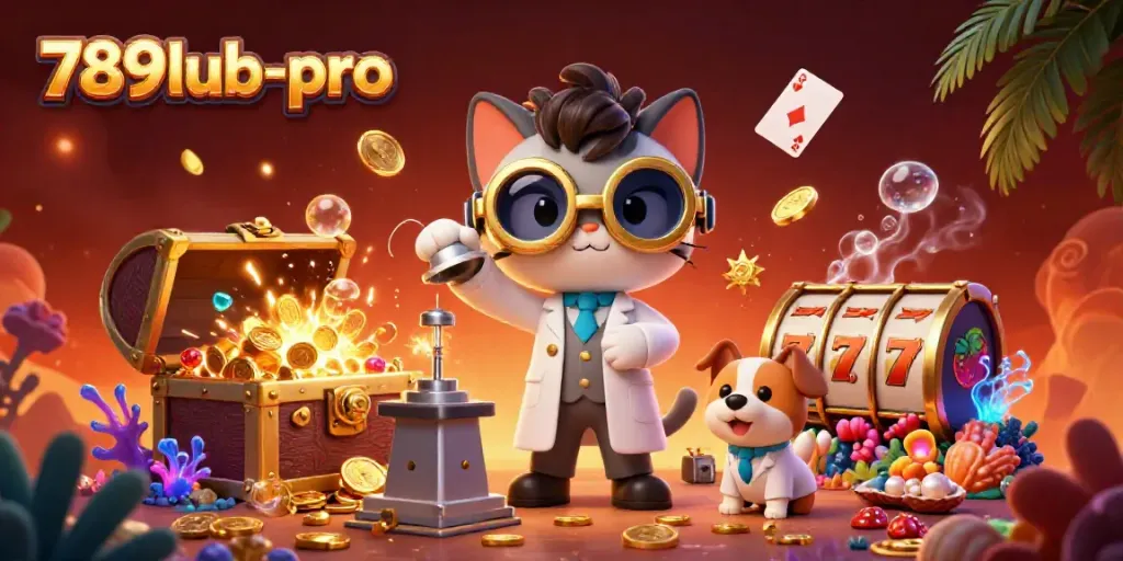 Engage with 789lub-pro's vibrant casino adventure featuring a mad scientist cat creating gold coins.