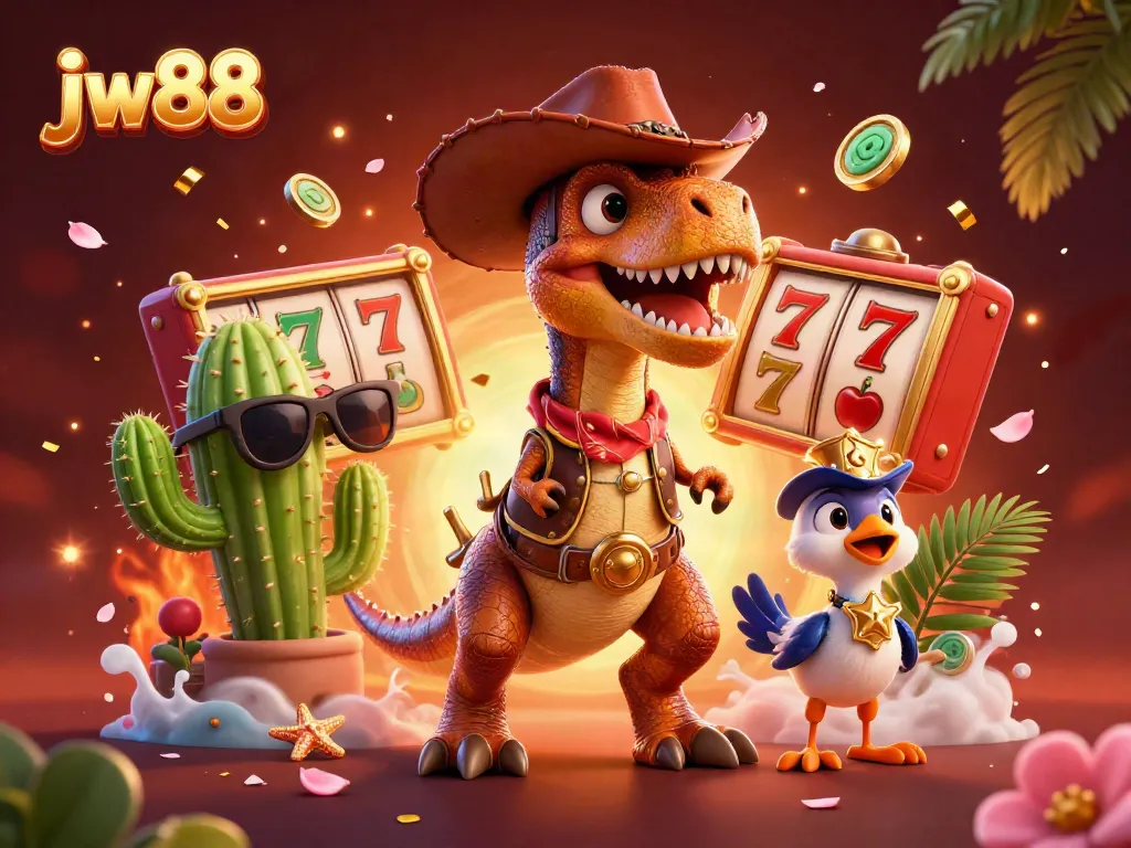 Engage with jw88's casino adventure featuring a cowboy dinosaur and vibrant slot elements.