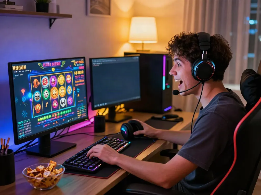 Player experiencing excitement while playing slot777 game on a high-definition monitor with vibrant animations.