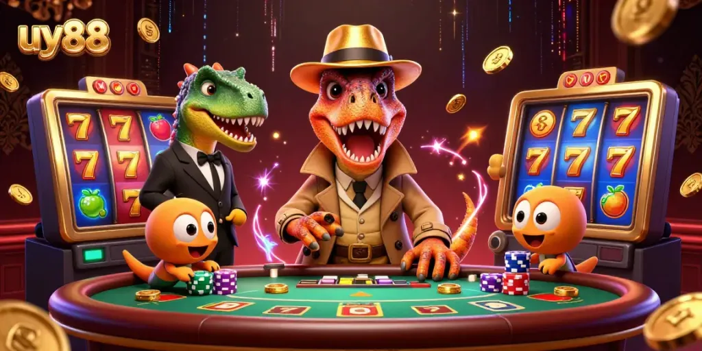 Experience thrilling casino action with uy88 as cartoon dinosaurs engage at a blackjack table, surrounded by vibrant gaming elements.