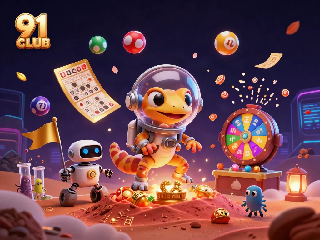 91 CLUB showcases a Martian gecko discovering a golden casino amidst a vibrant, colorful gambling scene