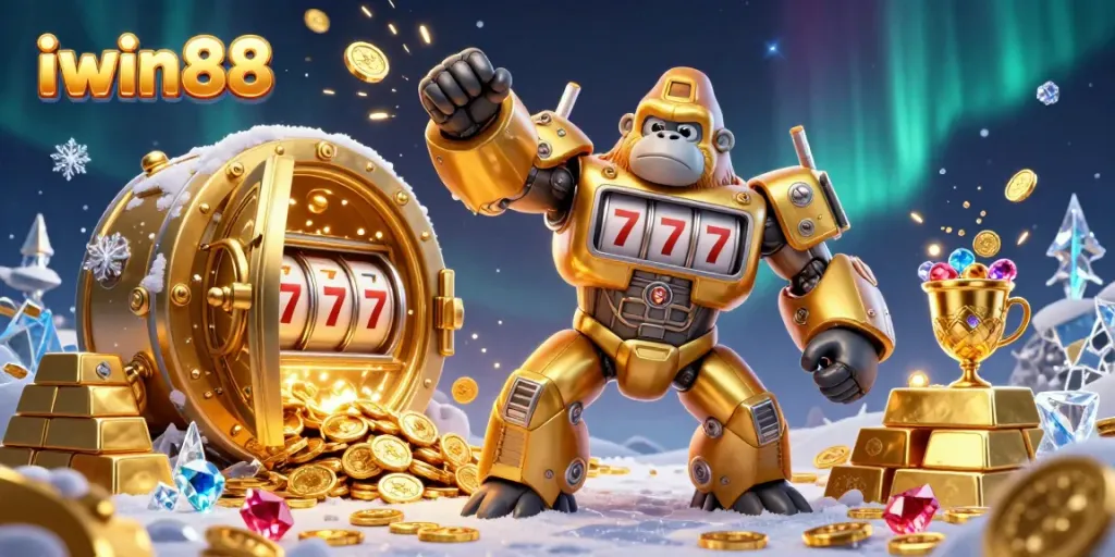 Experience thrilling wins with iwin88 transformer's golden gorilla mech and rich casino treasures.