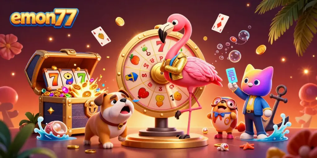 Experience thrilling slots with emon77 as a flamingo host spins the prize wheel.