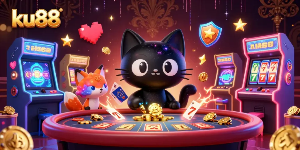 ku88 invites players to win big with vibrant cartoon cats at a cosmic casino table.