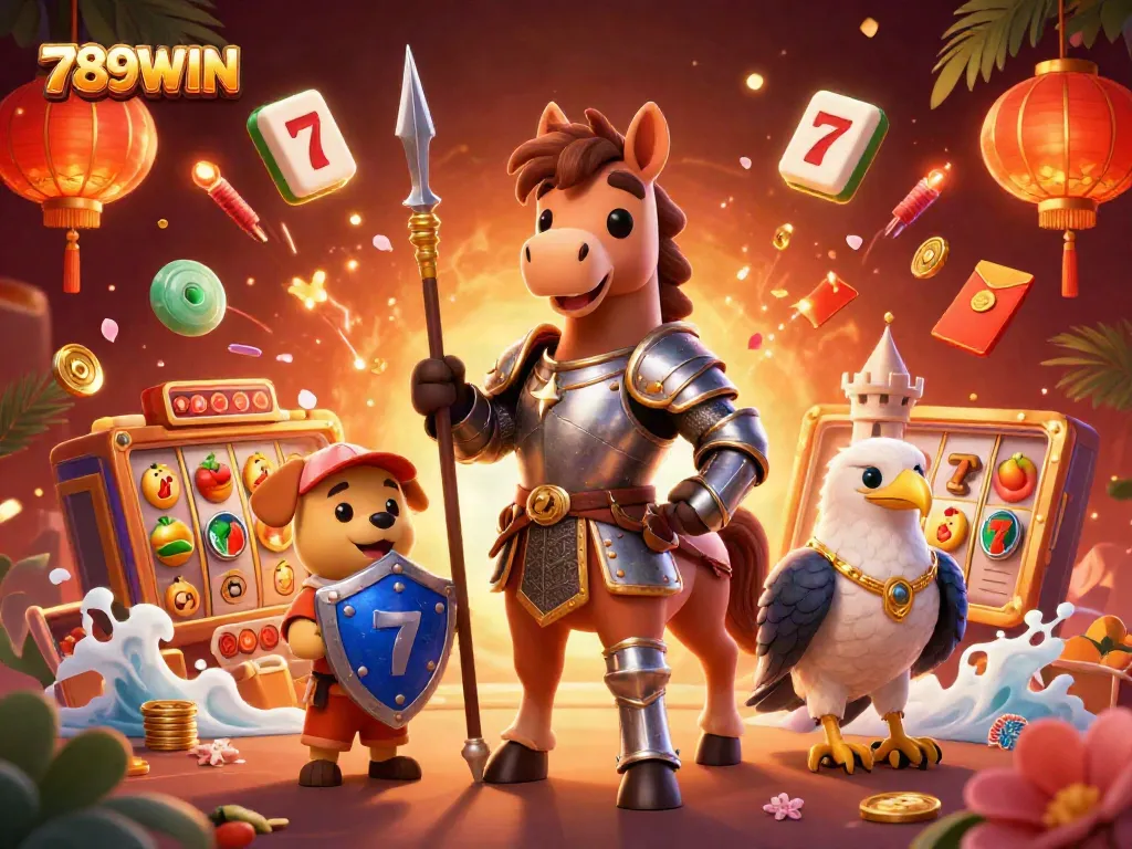 Engage with thrilling slots at 789WIN, featuring vibrant 3D characters in a dynamic casino scene.