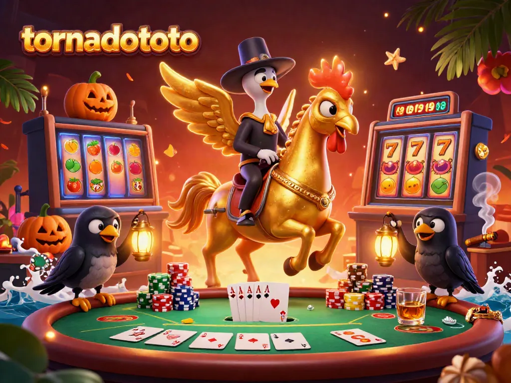 Experience thrilling gameplay at tornadototo with golden rooster and crow companions amidst vibrant casino elements.