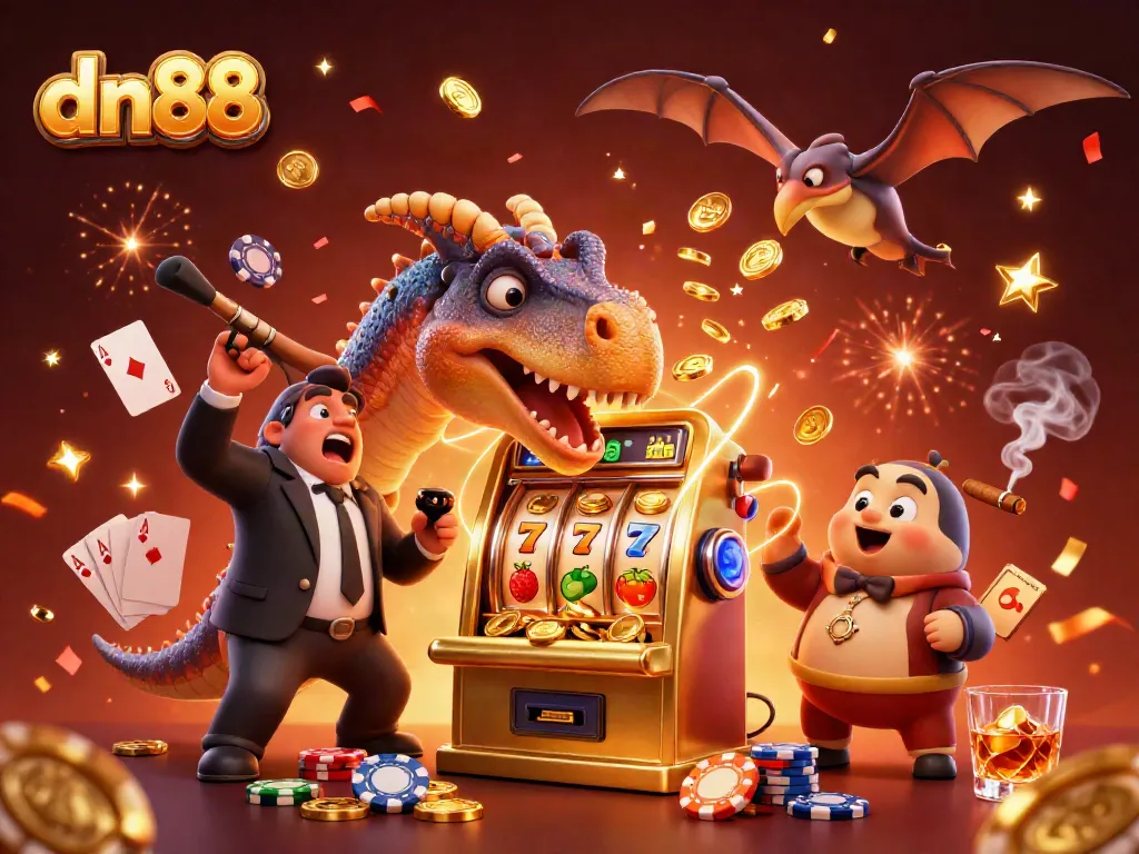 Experience a vibrant dn88 casino scene with a pachycephalosaurus winning jackpots among colorful poker chips.