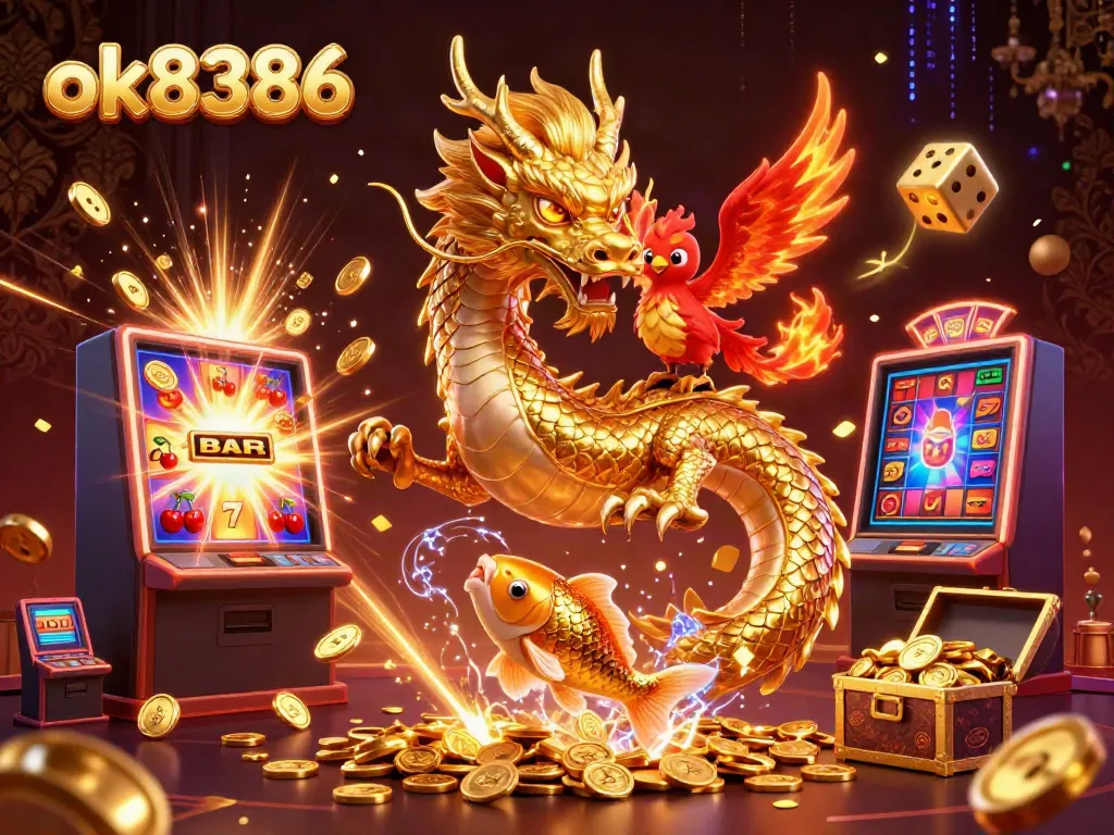 Experience thrilling gaming at ok8386 with our dynamic 3D casino illustration showcasing a dragon, phoenix, and coins.