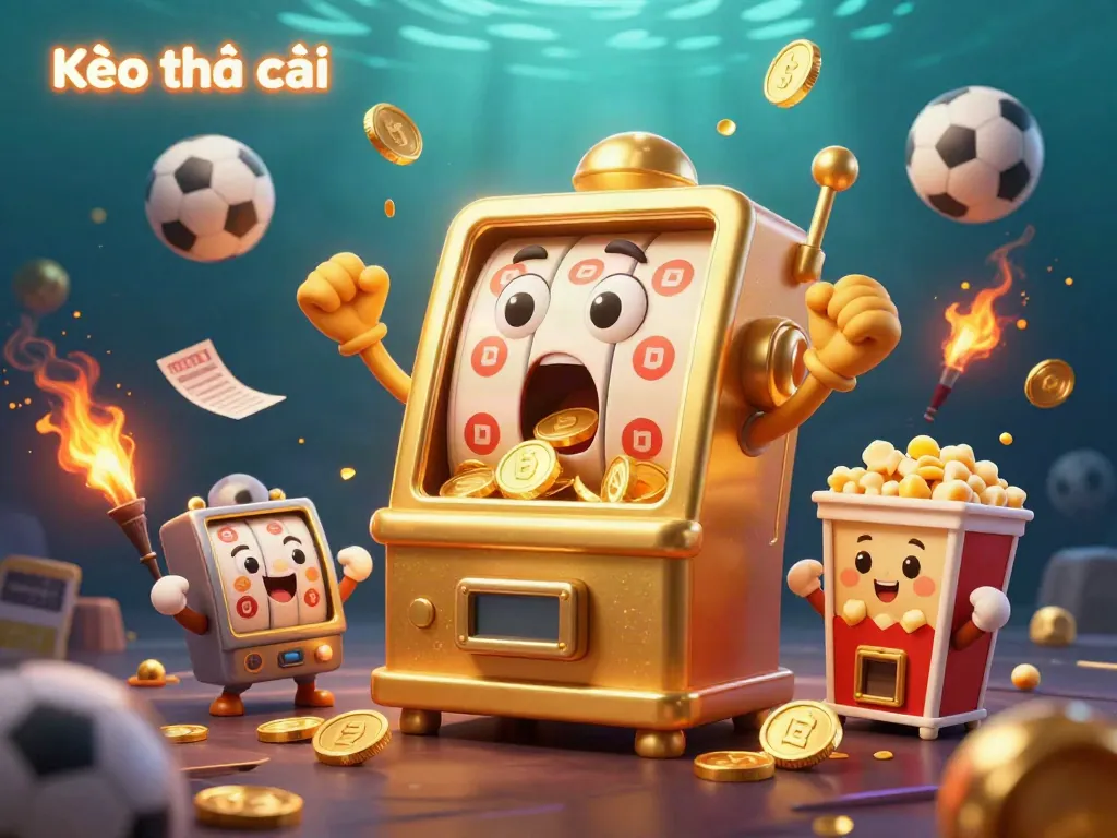 Kèo nhà cái scene bursts with energy as a golden slot machine hits a jackpot, surrounded by sports-themed elements.