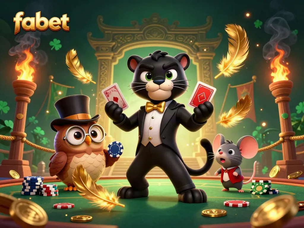 Fabet showcases a stylish black panther elegantly dealing cards alongside an owl and lucky mouse in a vibrant casino setting.