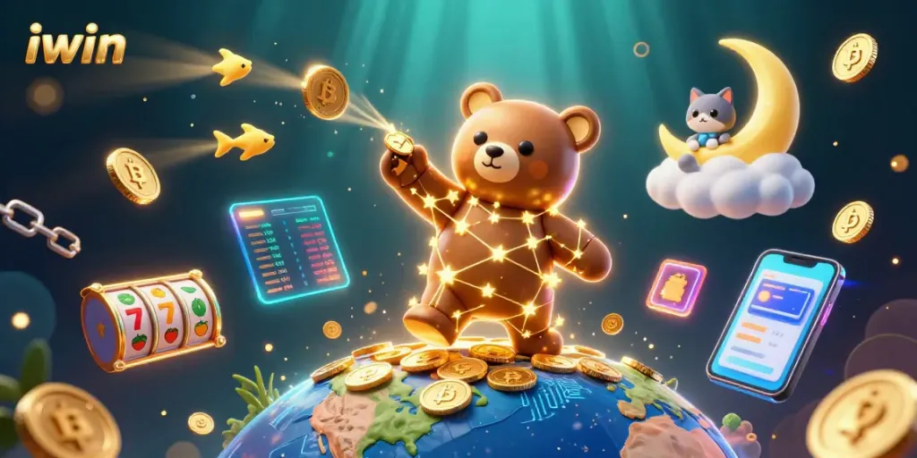 iwin brings excitement as a constellation bear collects coins amidst vibrant casino elements.