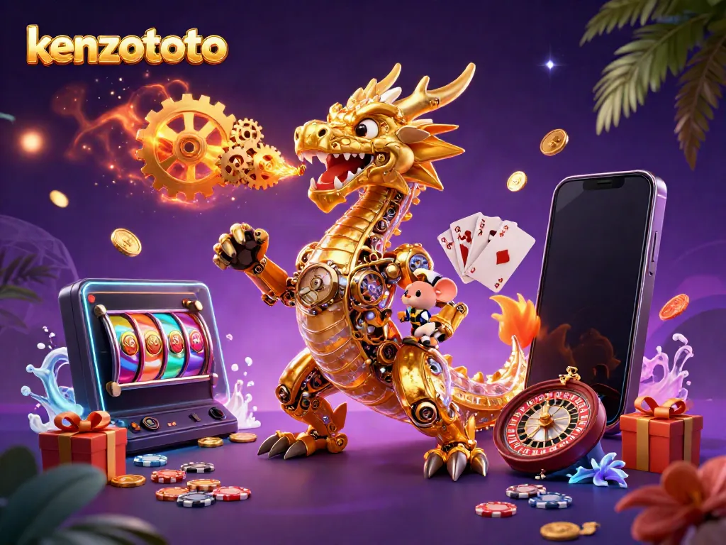 Playing exciting games on kenzototo with a golden dragon and vibrant casino elements.