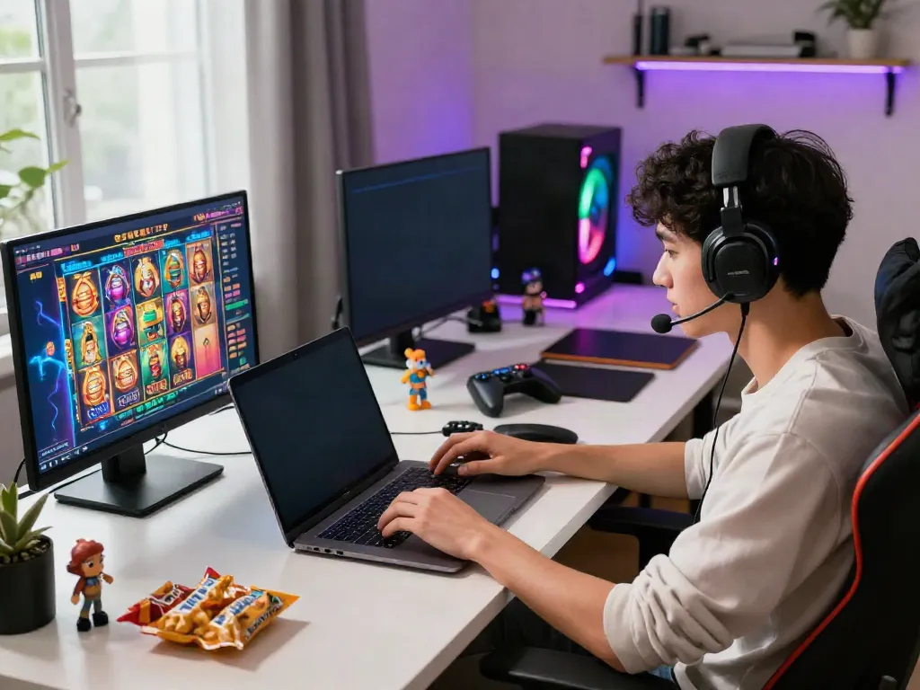 Engaged player interacting with slot games on server Thailand in a vibrant gaming setup.