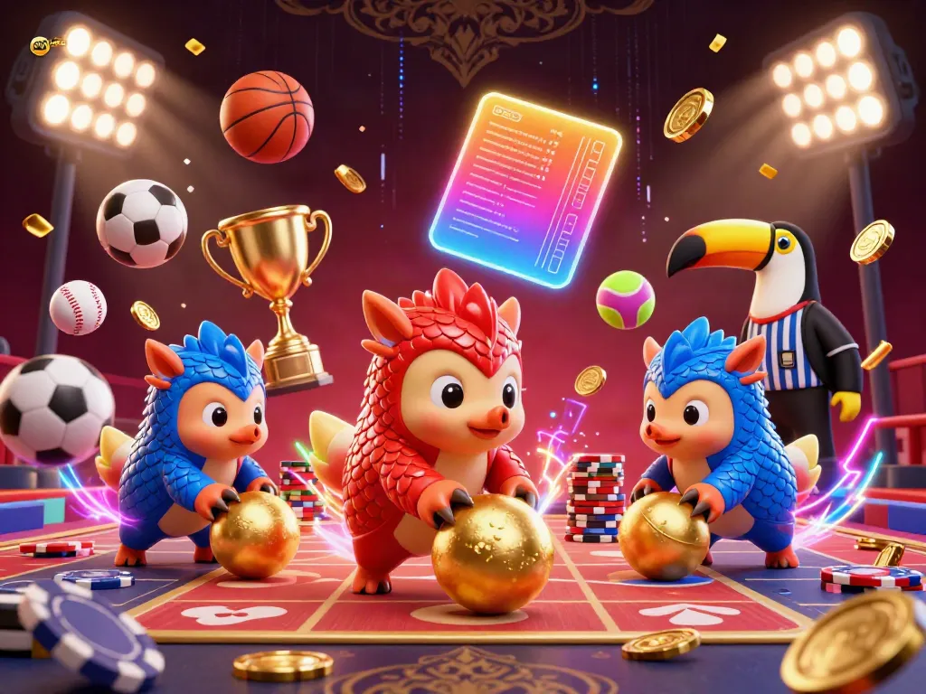 Experience thrilling gaming action at win555 with dynamic pangolins, sports balls, and vibrant casino elements.