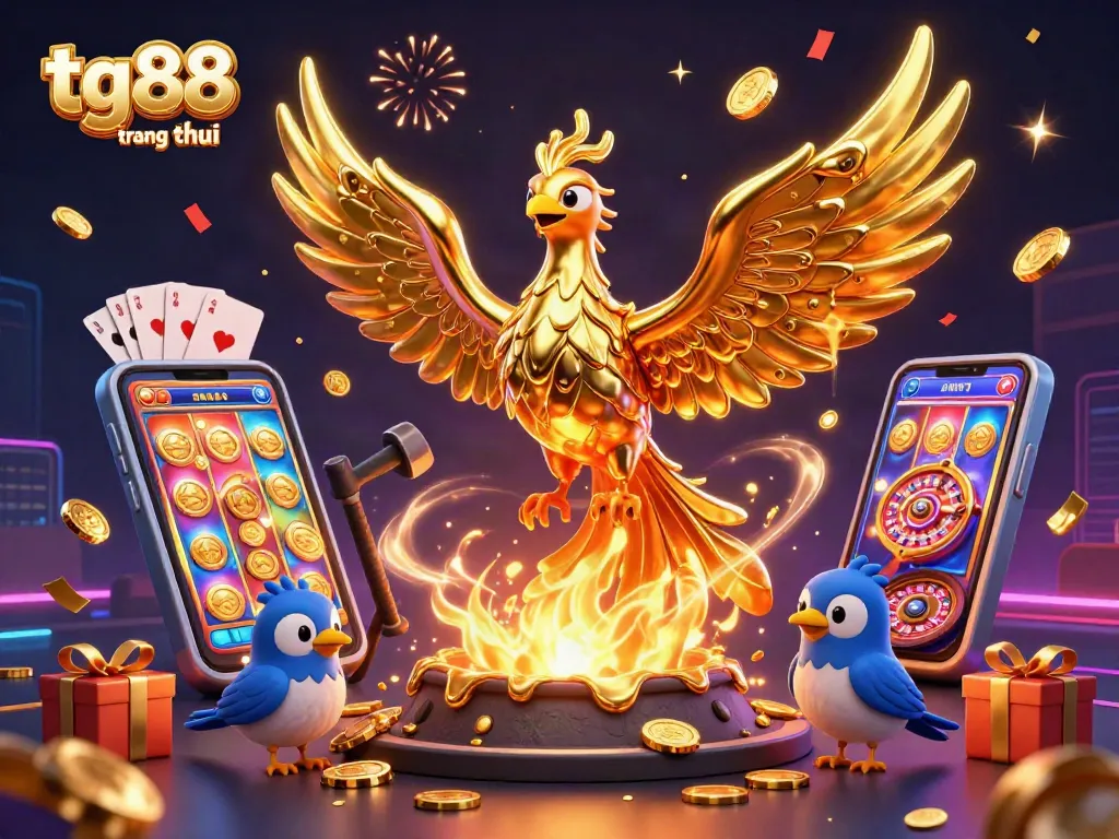 Experience the excitement of tg88 trang chủ with a gold phoenix symbolizing fortune above dynamic gaming elements.
