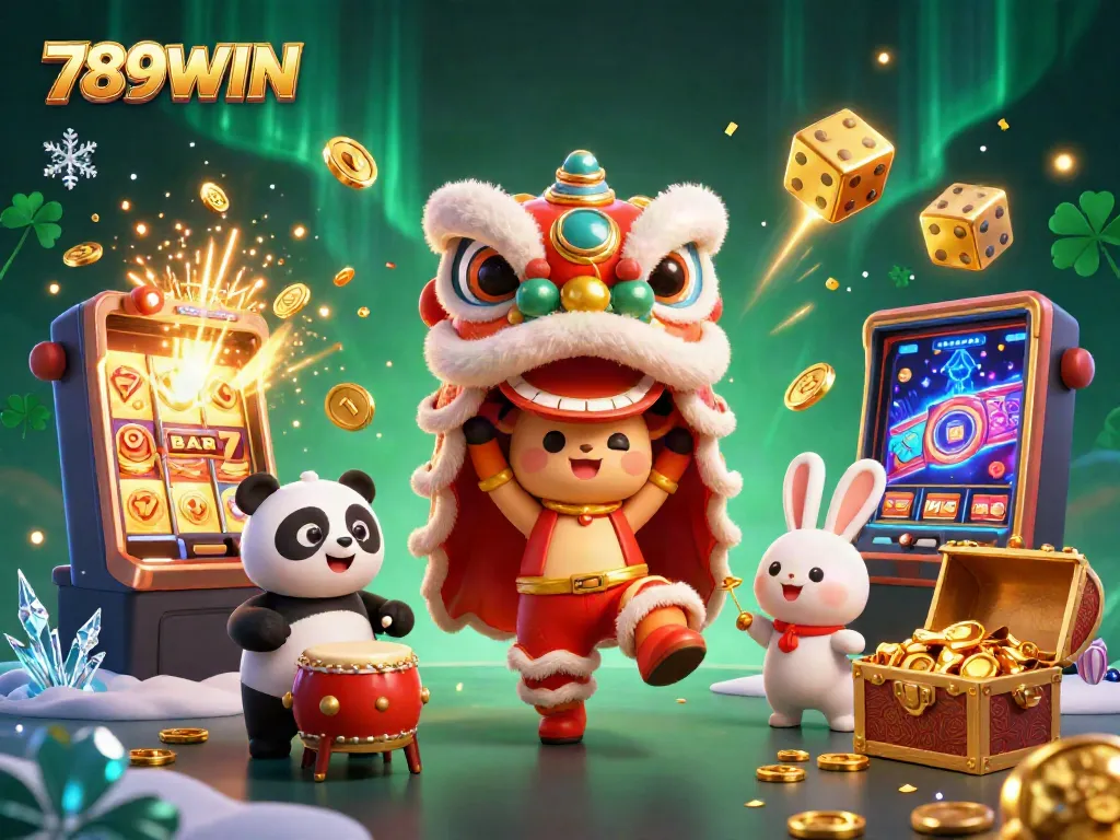 Engage in thrilling gameplay with 789WIN's vibrant slot machine illustration featuring lucky symbols and festive characters.