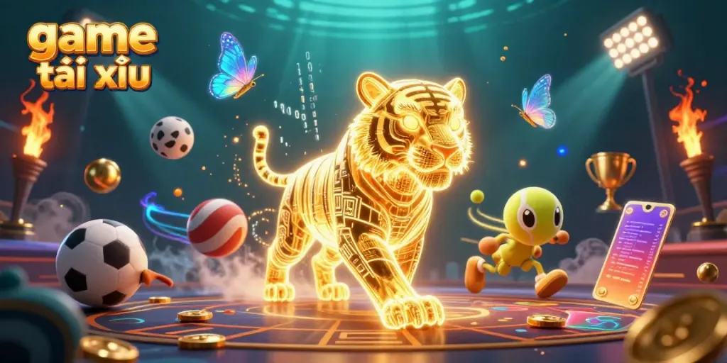 Experience the excitement of game tài xỉu in a vibrant 3D casino scene filled with illuminated characters and dynamic elements.