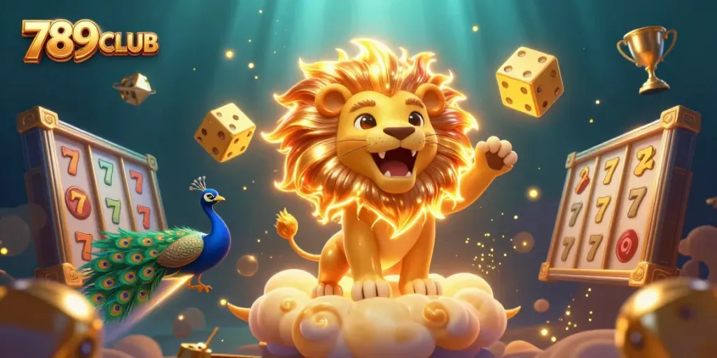 The 789CLUB illustration showcases a vibrant gaming atmosphere with a roaring sun lion, golden slot reels, and dynamic elements.