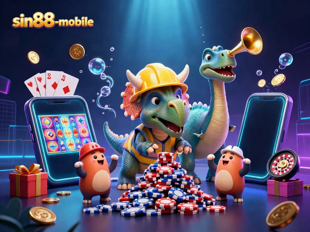 Experience the excitement of gambling at sin88-mobile with vibrant characters, casino elements, and slot games.
