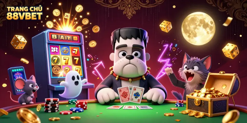 Engage with TRANG CHỦ 88VBET as a Frankenstein bulldog monster deals cards at a vibrant casino scene.