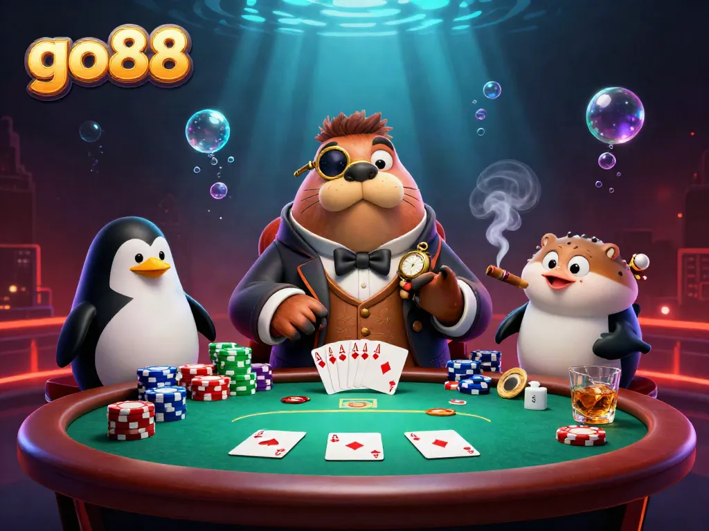 Experience the excitement of go88 at an underwater poker game with unique characters and vibrant casino elements.