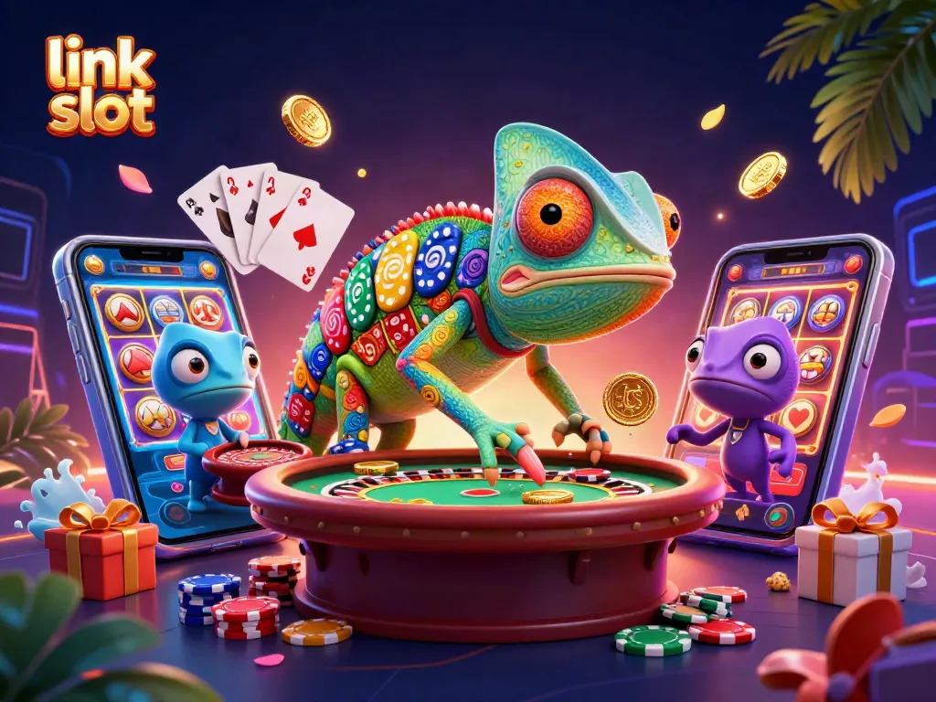 Spin the reels in exciting link slot games featuring vibrant casino elements in a colorful, dynamic scene.