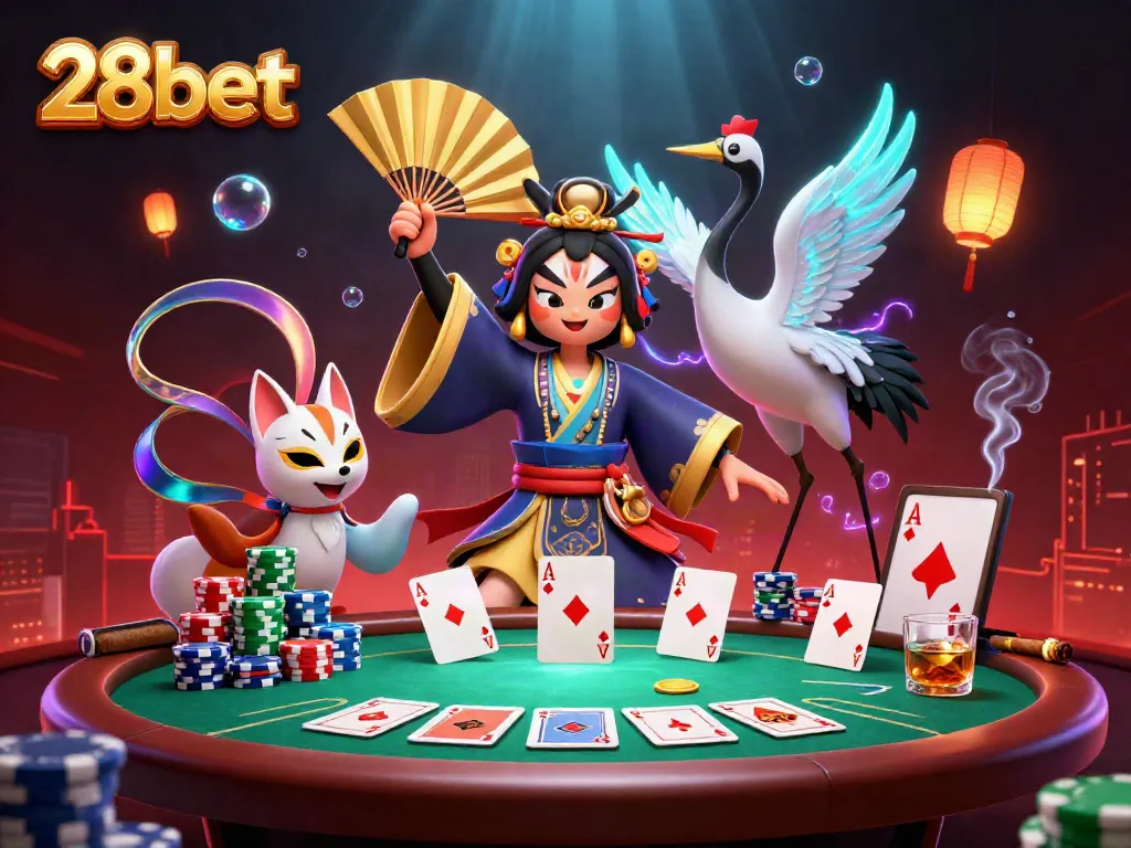 Experience the vibrant world of 28bet with dynamic poker action featuring kabuki characters and rich casino elements.