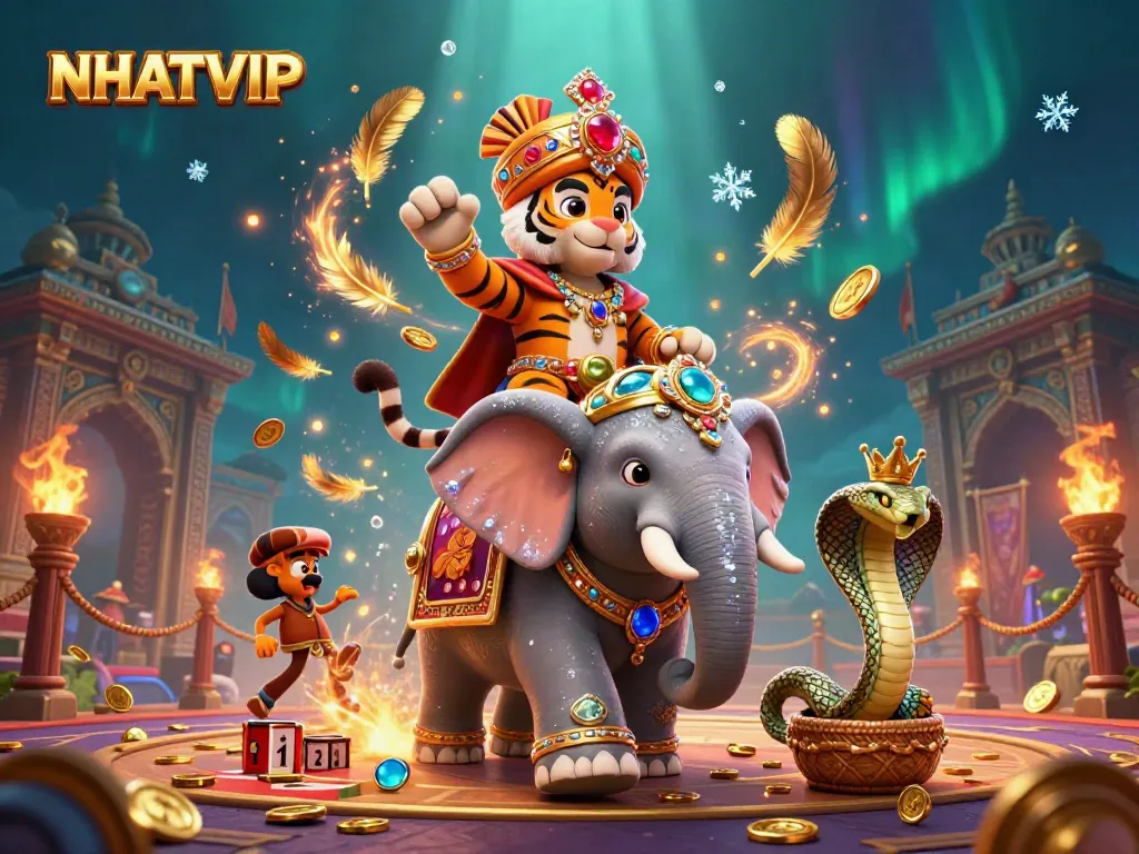 NhatVIP showcases a dynamic illustration featuring a maharaja tiger, elephant, and cobra amidst vibrant casino elements.