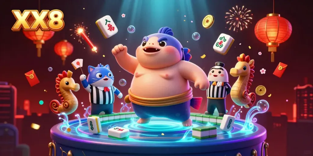 Engage with XX8's exciting underwater casino scene featuring vibrant fugu, catfish referee, and festive decorations.