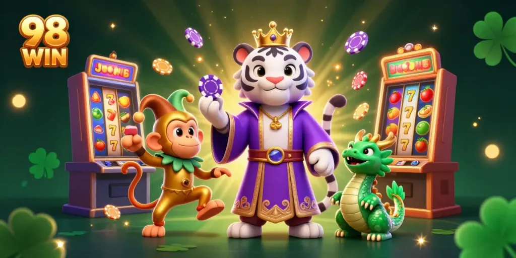 Join the excitement with 98 WIN through an animated casino scene featuring dynamic slot machines.