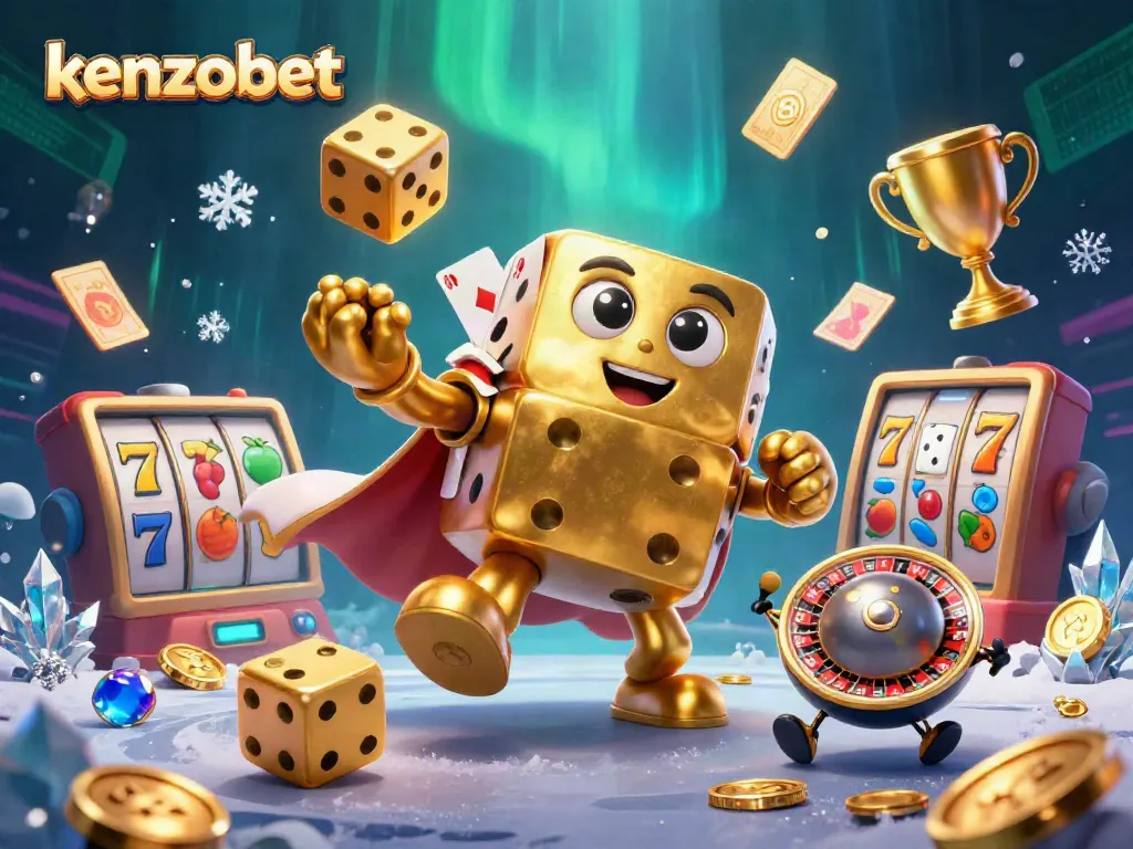 Engage with kenzobet's vibrant gaming scene featuring animated golden dice and dynamic slot elements.
